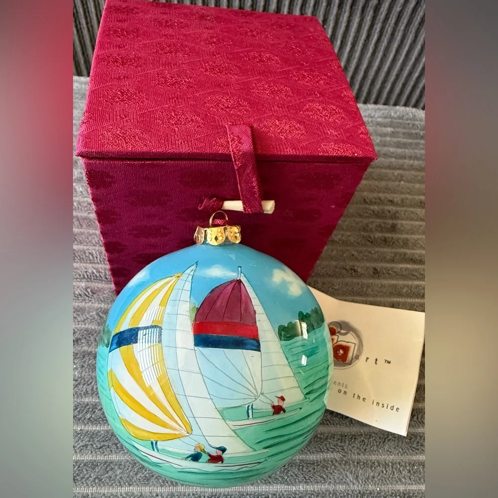 VTG Nautical Sailing Holiday Ornament with Gift Box Signed Inside Art Boat